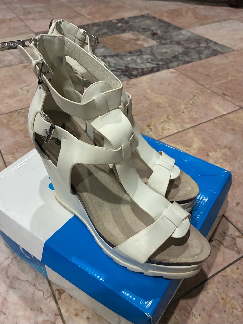 White Women's Wedge Sandals with Ankle Straps